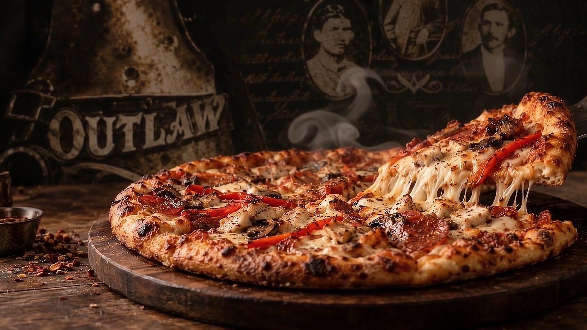 Whole wood-fired Outlaw Pizza fresh from the oven, cheese pulling from a lifted slice