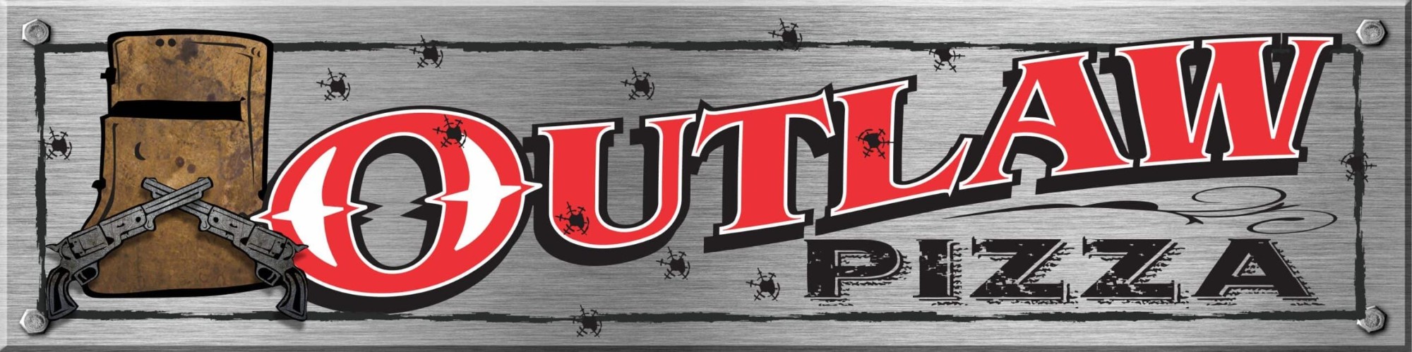 Outlaw Pizza logo: a riveted steel plate with Ned Kelly's armor and crossed revolvers
